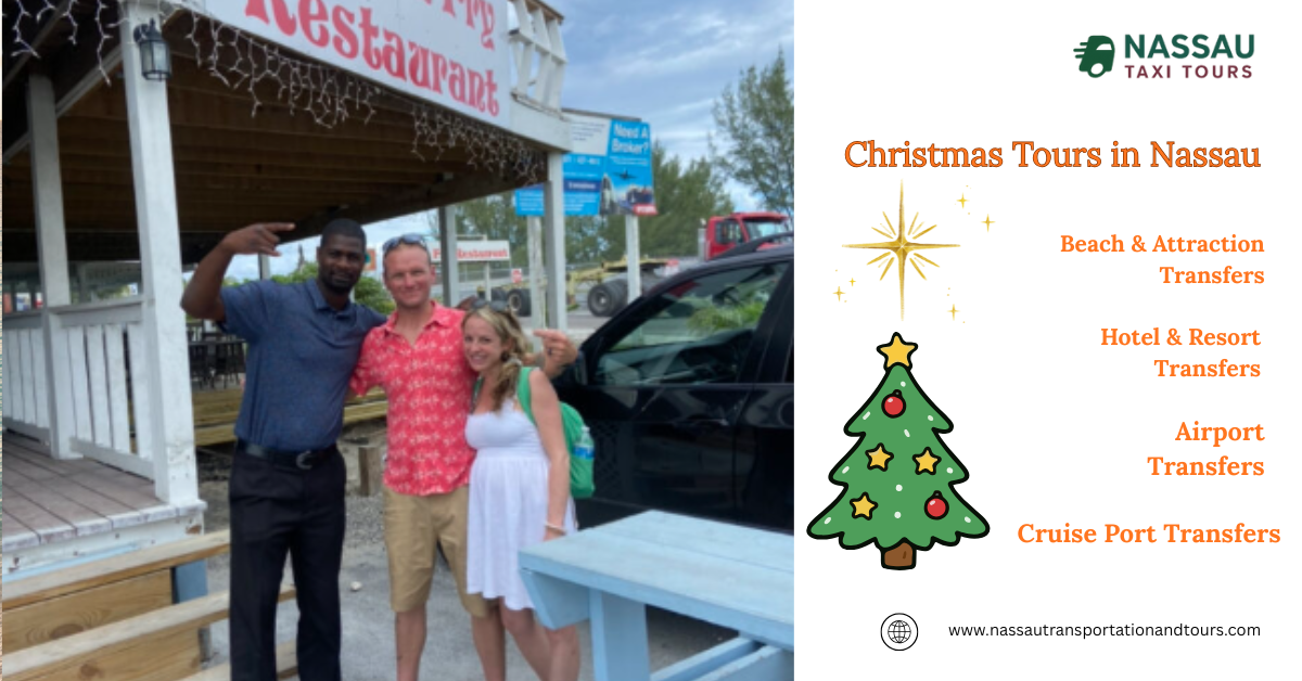 Couple enjoying beach and attraction transfers in Nassau during Christmas vacation